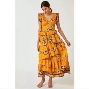 Anthropologie Gigi Gold Ruffled Boho Maxi Dress - Size s